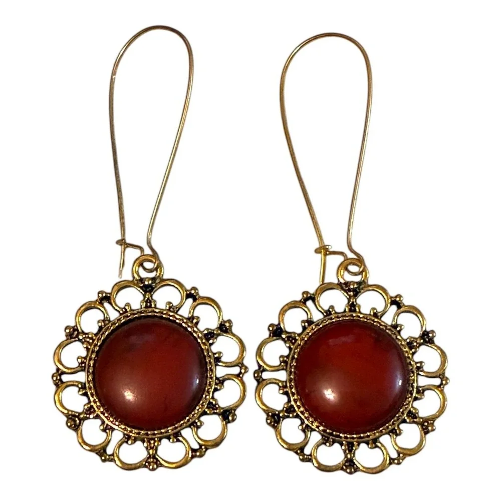 Vintage Sample NOS Filigree Drop Earrings Gold Tone Red Cabochon Boho Victorian